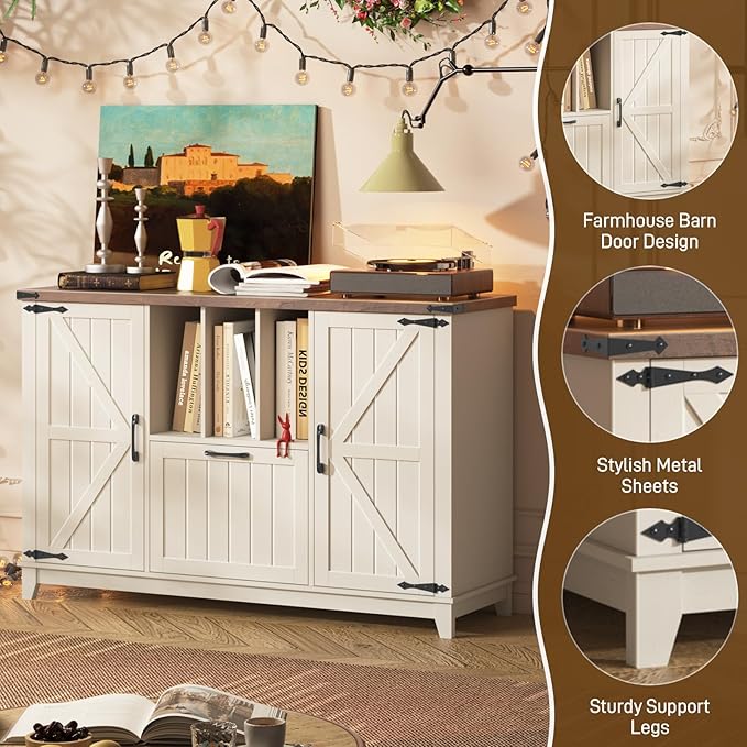 Lateral File Cabinet with File Drawer, Farmhouse Filing Cabinet with Storage Shelves for Legal/A4/Letter Size Hanging Files, Large Modern Printer Stand for Home Office (Rustic White and Brown)