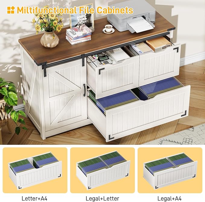Vabches 47.8” Farmhouse Lateral File Cabinet with Sliding Barn Door, 3 Drawers Filing Storage Cabinets with Adjustable Shelf, Office Printer Stand for Hanging Files Letter/Legal/F4/A4.