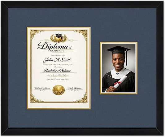 CountryArtHouse Fits 8.5 x 11 Certificate (Portrait) and 5 x 7 Photo Diploma and Photo Frame Matte Black Genuine Hardwood with Navy Blue Over Metallic Gold Double mat