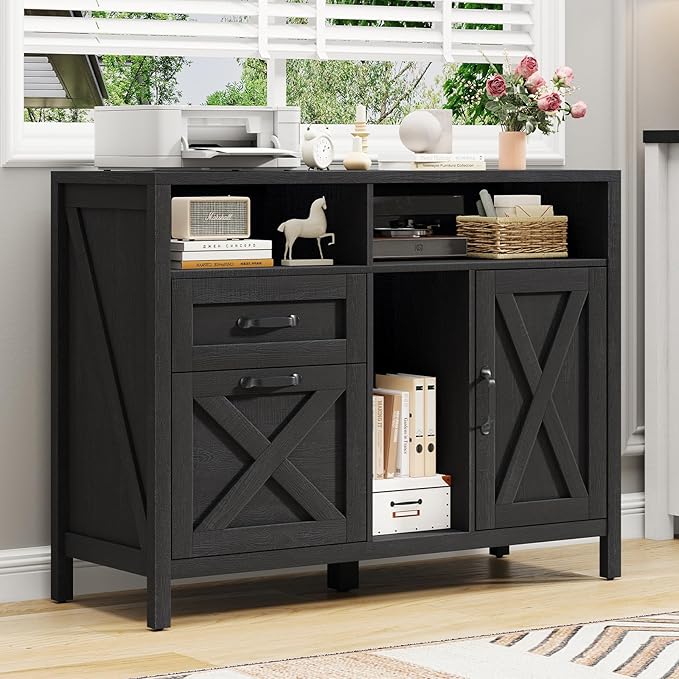 Vabches Lateral File Cabinet, Farmhouse 2 Drawer File Cabinet with Open Storage Shelf for Letter/A4 Size Hanging Files, Large Wood File Storage Cabinets Printer Stand for Home Office, Black