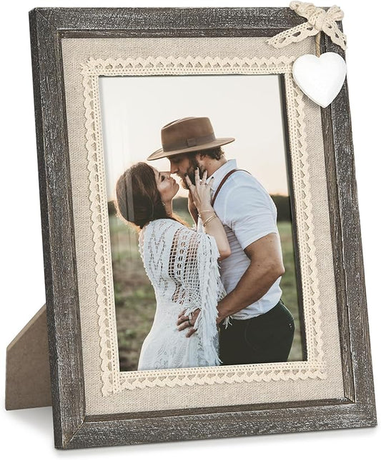 Afuly 5x7 Picture Frame with White Heart Wood Rustic Distressed Frames Farmhouse Photo Frames for Home Decor Wall Hang Desktop Wedding Anniversary Birthday Gifts for Grandma Mom Couple