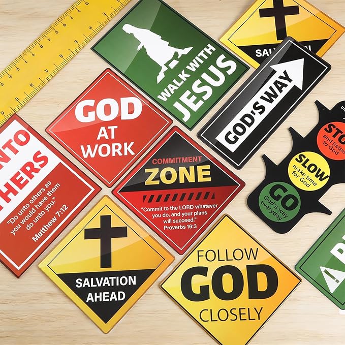 20 PCS Christian Road Signs VBS Decorations Religious Bulletin Board Set Christian Construction Sign Paper Cutouts Jesus Bible Verse Wall Decor for Sunday School Classroom Church