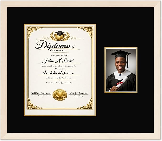 CountryArtHouse Fits 11 x 14 College Diploma (Portrait) and 5 x 7 Photo Diploma and Photo Frame Coastal Whitewash Genuine Hardwood with Black Over Metallic Gold Double mat
