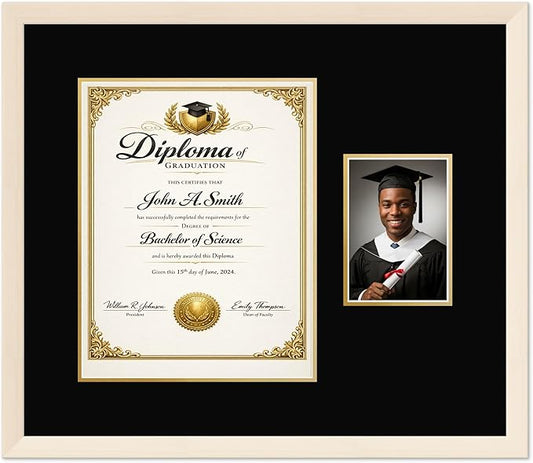 CountryArtHouse Fits 11 x 14 College Diploma (Portrait) and 5 x 7 Photo Diploma and Photo Frame Coastal Whitewash Genuine Hardwood with Black Over Metallic Gold Double mat