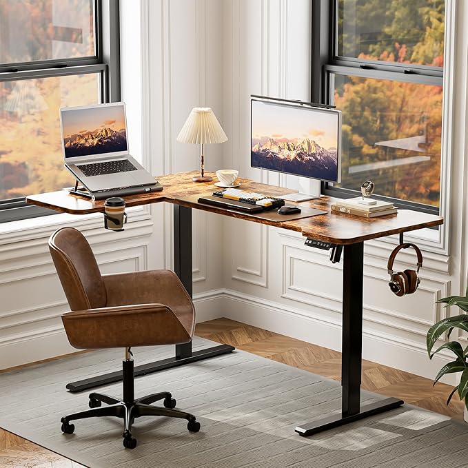59 Inch L Shaped Standing Desk Electric Adjustable Height, Corner Standing Desk, Electric Sit Stand Table with Reversible Splice Boards for Computer Office Home (Rustic Brown)