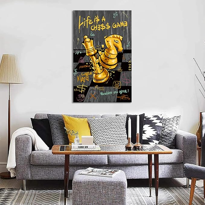 Inspirational Quotes Wall Art - Chess Pictures Wall Decor Motivational Canvas Print LIFE IS A CHESS GAME Positive Poster Modern Office Canvas Painting Black Gold Artwork Framed for Home, 28" x 44"