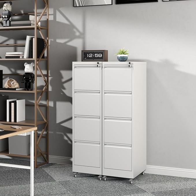 4-Drawer Mobile File Cabinet with Lock and Wheels, Tall Vertical Filing Cabinets Steel Rolling Storage Cabinet for Home Office Legal/Letter/A4 Files, Require Assembly (White)