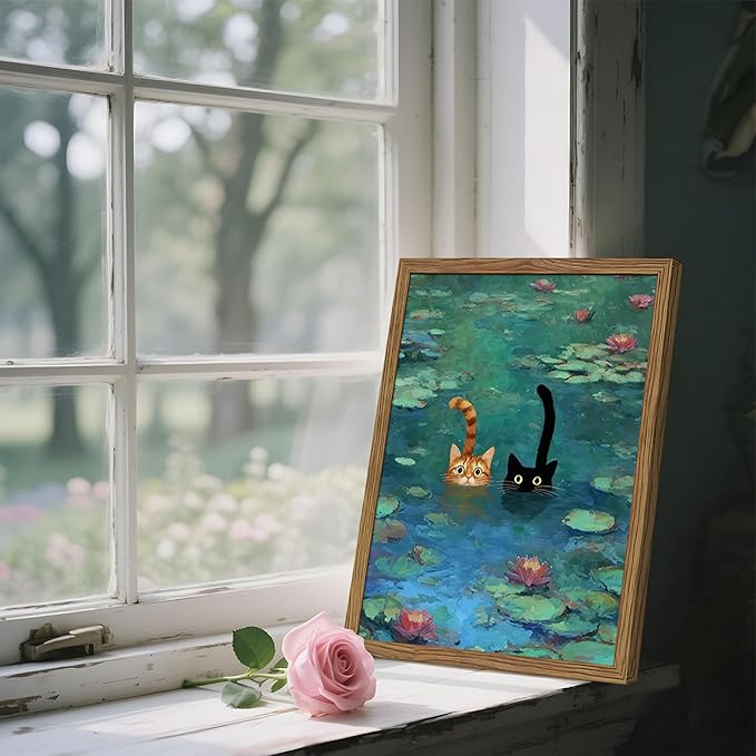 Framed Cat Wall Art, Vintage Whimsical Claude Monet Canvas Wall Decor Painting, Cute Funny Water Lilies Cat Poster Print Picture for Living Room Bedroom Bathroom 12x16 Inch