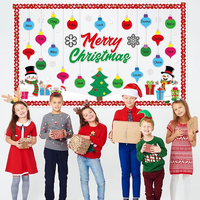 Christmas Bulletin Board Decorations Set Xmas Tree Snowman Snowflakes Ball Name Tag Cutouts Classroom Decor for Winter Holiday School Wall Decoration Supplies