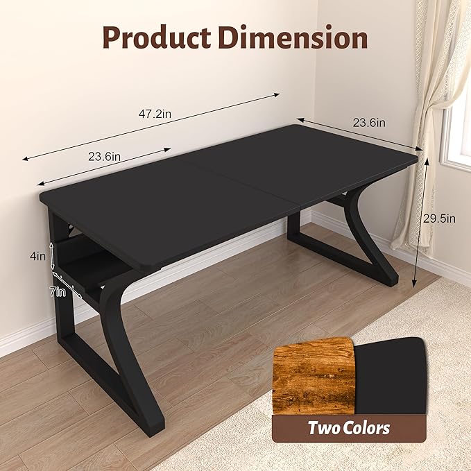 Computer Desk 47 x 23.6 Inch Home Office Desk, Large Modern Computer Desks with Storage Shelf, Metal Frame Work Study Writing Office Desk with Cable Hole, Wide Desk for PC & Monitors (Black, 47)
