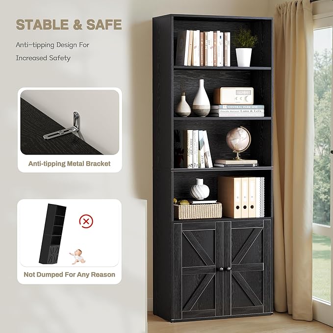 YESHOMY 6 Tier Bookcase and Bookshelf, Tall Book Shelf with Doors & Adjustable Shelves, Floor Display Storage Cabinet Home Decor for Living Room, Office, Black