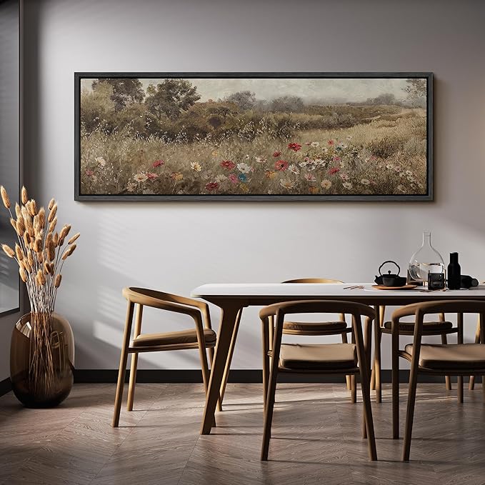 SIGNFORD Large Framed Canvas Wildflower Meadow in Soft Fog Vintage Nature Illustrations Modern Art Calm Warm for Living Room, Bedroom, Office - 60"x20"