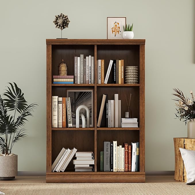 6 Cube Storage Organizer Bookcase - 3 Tiers 6 Storage Cube Adjustable Space Book Case, Display Cabinet Organizer, 30 inch Width Horizontal Bookshelf for Home Library Office, Vintage Oak