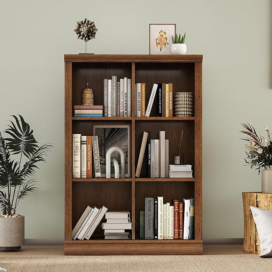 6 Cube Storage Organizer Bookcase - 3 Tiers 6 Storage Cube Adjustable Space Book Case, Display Cabinet Organizer, 30 inch Width Horizontal Bookshelf for Home Library Office, Vintage Oak
