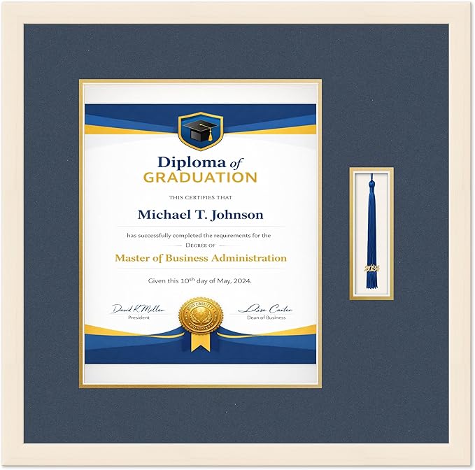 Diploma Frame with Tassel Holder Coastal Whitewash Shadowbox Navy Blue Over Gold Mat - Fits 11 x 14 Degree Made in the USA