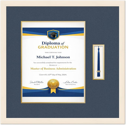 Diploma Frame with Tassel Holder Coastal Whitewash Shadowbox Navy Blue Over Gold Mat - Fits 11 x 14 Degree Made in the USA