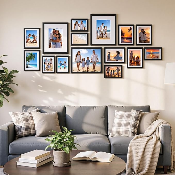 HappyHapi 15 Pack Picture Frames Collage Wall Decor, Black Gallery Wall Frame Set, Wall or Tabletop Display, Multi Sizes including 3pcs 8x10, 6pcs 5x7, 6pcs 4x6