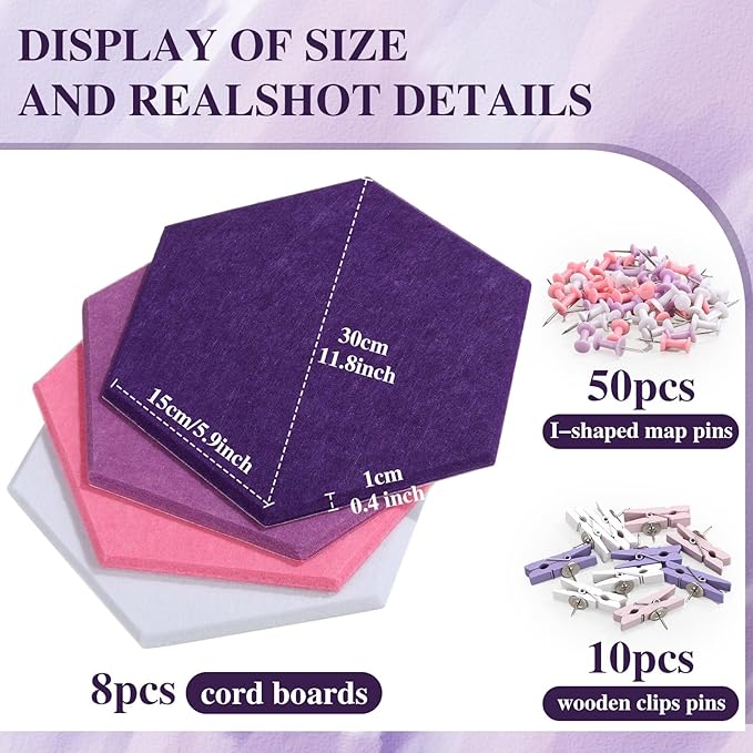 8 Pcs 12" Large Hexagon Felt Cork Bulletin Board Tiles Self Adhesive DIY Pin Board with 50 Push Pins and 10 Colored Clips, Wall Decor for Office Home Kitchen Photos Memos(Pink)