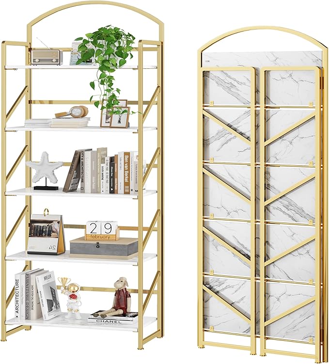 BHG Arched Bookshelf 5 Tier Shelf Storage Organizer Bookcase,No Assembly Folding Book Shelf for Living Room,Bedroom Home Office Rack Bookhelves