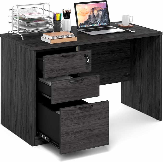 Furinno Roger 47 Inch Executive Desk with File Cabinet, Home Office Desk with 3-Drawer Fixed Pedestal Filing Cabinet, Desk Cord Grommet, for Home Office, Coastal Grey