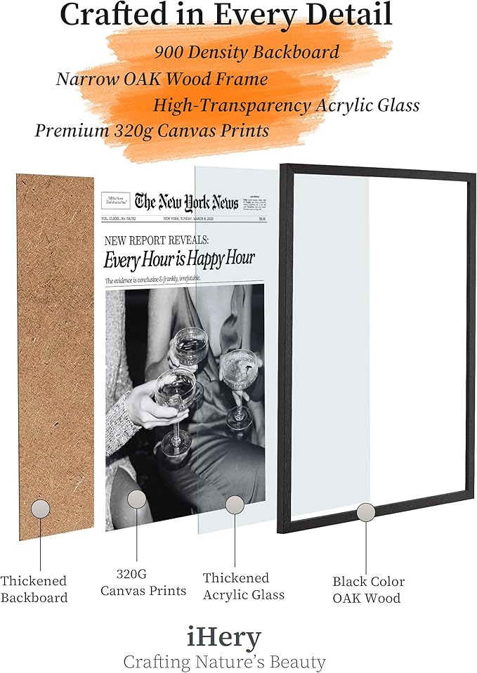 iHery Premium Small 8x10in Natural Black OAK Wood Trendy Every Hour is Happy Hour Framed Wall Art, Retro Aesthetic Posters Canvas Wall Decor For Girly Dorm Bedroom Bathroom Living Room 1Pack