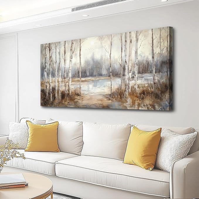 QIYILEXWART Large Wall Decor For Living Room Stretched And Framed Canvas Wall Art For Office Wall Decorations For Bedroom Birch Forest Painting By The Lake Picture Home Decor Ready To Hang