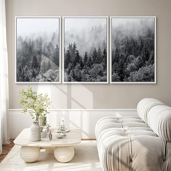 SIGNWIN Framed Canvas Print Wall Art Set Black & White Misty Mountain Forest Nature Wilderness Photography Modern Art Chic Landscape Relax/Calm for Living Room, Bedroom, Office - 16"x24"x3 White