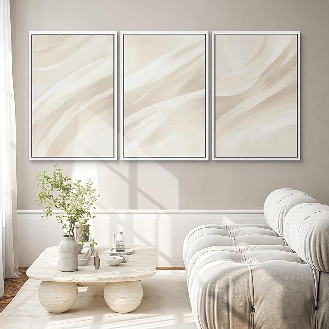 SIGNWIN Framed Canvas Print Wall Art Set Abstract Beige Flow Neutral Brushstroke Illustrations Modern Art Decorative Boho Relax/Zen Nordic for Living Room, Bedroom, Office - 24"x36"x3 White