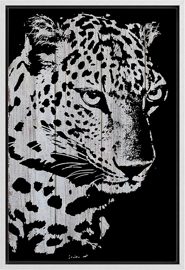 IDEA4WALL Framed Canvas Print Wall Art Grayscale Spotted Leopard on Wood Blocks Animals WildLife Illustrations Modern Art Tropical Portrait Dark for Living Room, Bedroom, Office - 24"x36" WHITE