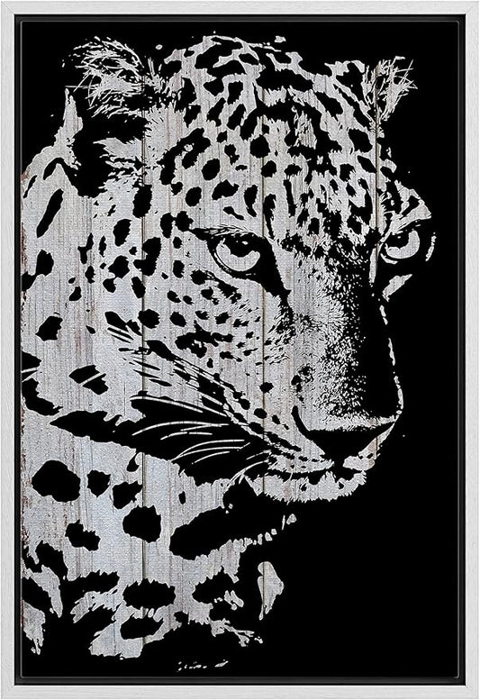 IDEA4WALL Framed Canvas Print Wall Art Grayscale Spotted Leopard on Wood Blocks Animals WildLife Illustrations Modern Art Tropical Portrait Dark for Living Room, Bedroom, Office - 24"x36" WHITE