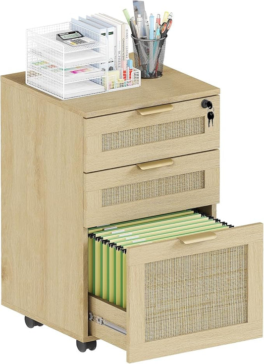 HOPUBUY 3 Drawer File Cabinet with Lock, Rattan File Cabinets with Wheels, Small Filing Cabinet for Hanging A4/Letter/Legal/F4, Rolling Wood Filing Cabinets for Under Desk Home Office, Natural Wood