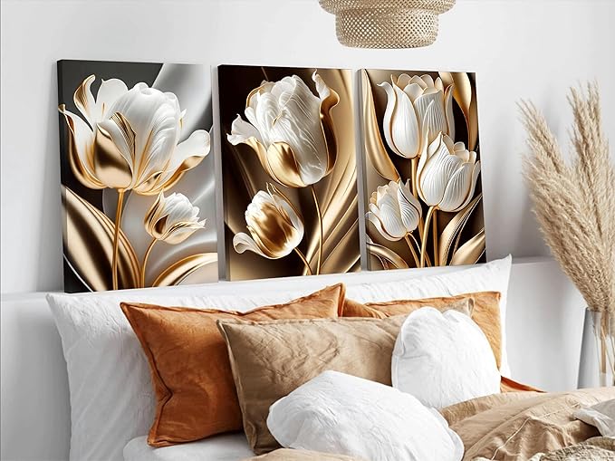 3Pcs Abstract White Gold Floral Canvas Wall Art Modern Luxury Minimalism Painting Pictures Wall Decor tulip Plants Posters Prints Artwork for Living Room Bedroom Office Home Decoration 12 x 16in