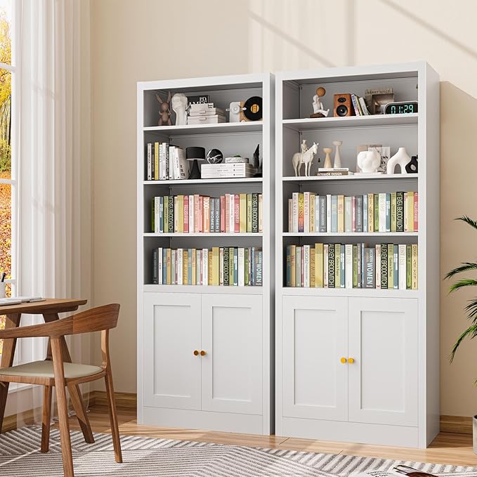 55" Metal Shelving Unit, Freestanding Storage Rack with Cabinet Doors,Heavy Duty Steel Shelving for Pantry, Kitchen, Closet, Garage,Home Office (White)