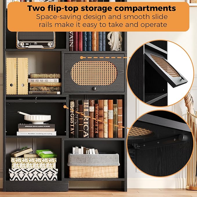 IRONCK Bookshelf and Bookcase with 2 Rattan Design Flip-top Storage Cabinets, 6 Tier 8 Cube Bookcases Storage Shelves Organizer for Living Room, 35.4" Black