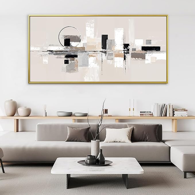 QSQ Large Gold Framed Wall Art For Living Room Painting Black White Wall Art Prints Minimalist Grey Brown Abstract Art Modern Canvas Art Wall Decor Picture For Bedroom Office Home Decor 29" × 58"
