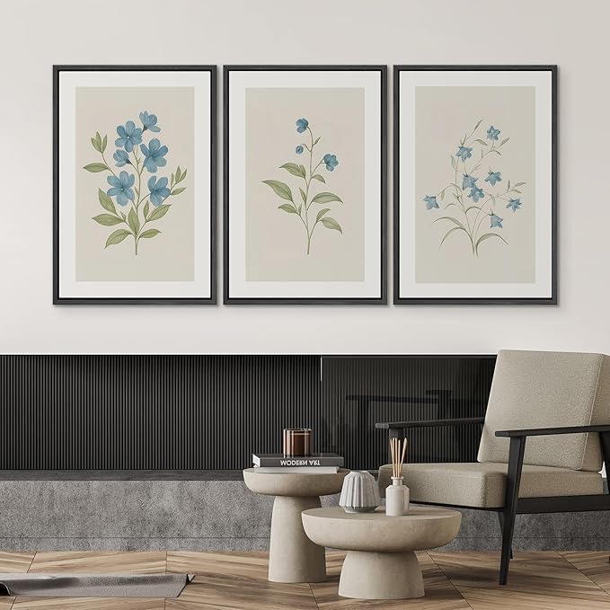 SIGNWIN Framed Canvas Print Wall Art Set Blue Floral Botanical Vintage Wildflower Illustrations Modern Art Decorative Nordic Abstract for Living Room, Bedroom, Office - 24"x36"x3 Black