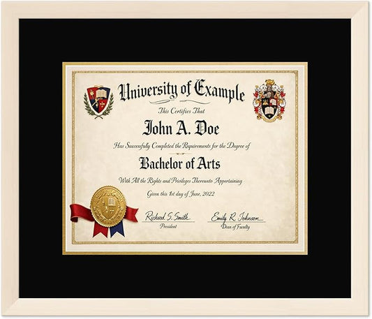 CountryArtHouse Diploma Frame Fits 14 x 11 College Diploma (Modern) - Keepsake Graduation Display Coastal Whitewash Genuine Hardwood with Black Over Metallic Gold Double mat