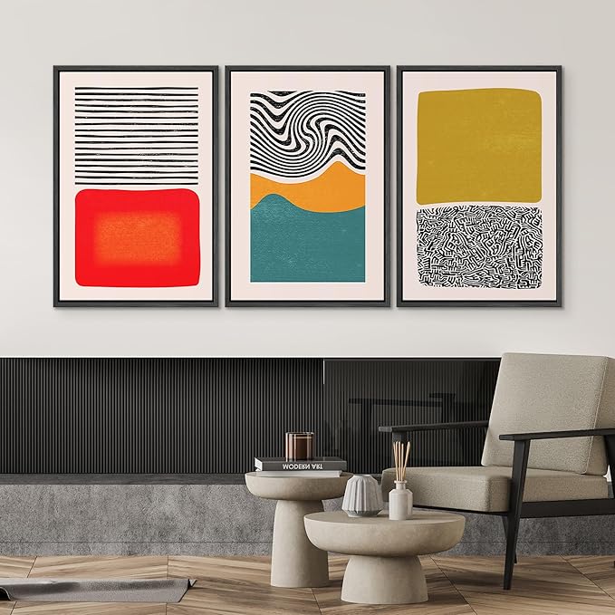 SIGNWIN Framed Canvas Print Wall Art Set Mid-Century Color Blocks & Spirals Abstract Shapes Illustrations Modern Art Contemporary Minimal Ultra for Living Room, Bedroom, Office - 16"x24"x3 Black