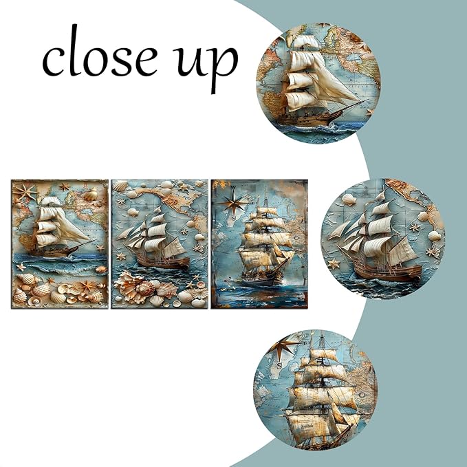 Abstract Sailboat Poster Canvas Wall Art Home Decor Vintage Ocean Creatures Seashell Starfish 3 Pieces Picture Print Artwork for Modern Home Bedroom Office Hotel Stretched and Framed [48''Wx24''H]
