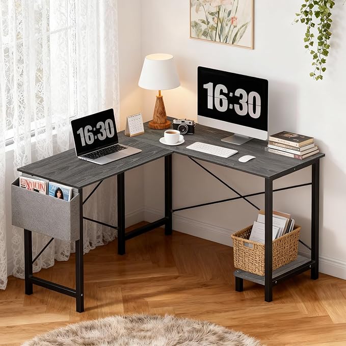OLIXIS 50-Inch L Shaped Desk,Grey Office Computer Gaming Desks Corner PC Table with Side Bag and Reversible Shelf for Home Work Study Writing