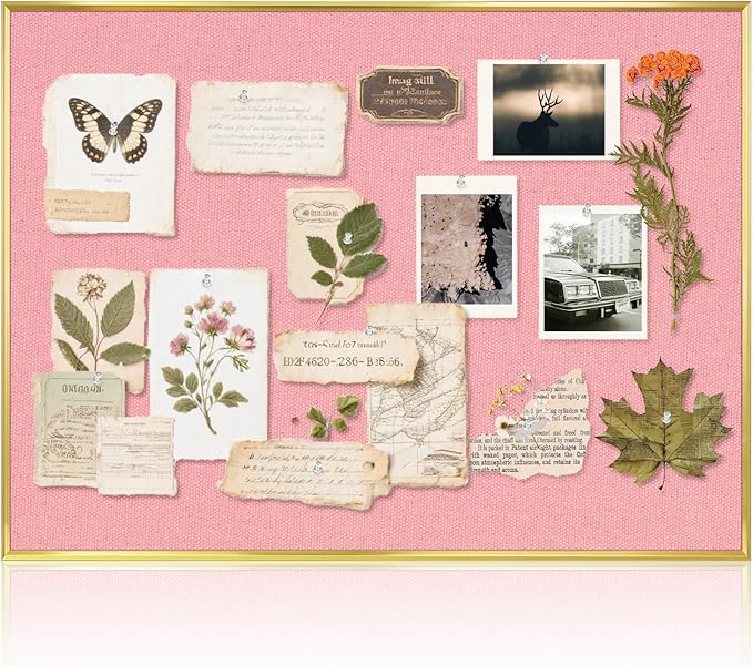 Linen Bulletin Board 36 x 24 Inches, Fabric Cork Board for Wall with Gold Aluminum Frame, Hanging Pin Board Tack Board for Home Office Room Decor, 10 Push Pins, Pink Linen