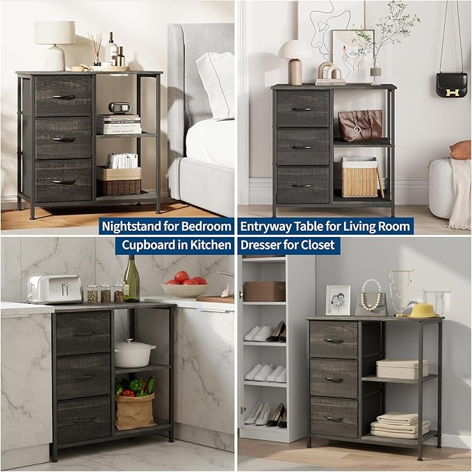 Garvee 3 Drawer File Cabinet, Printer Stand with 2 Open Storage Shelves, Fabric Filing Cabinet Under Desk Office Organizer for Home Office, Modern Storage Solution, Black
