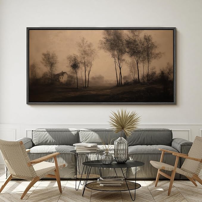SIGNFORD Extra Large Framed Canvas Print Wall Art Vintage Sepia Countryside Trees and Cottage Illustrations Modern Art Calm Warm for Living Room, Bedroom, Office - 60"x30"