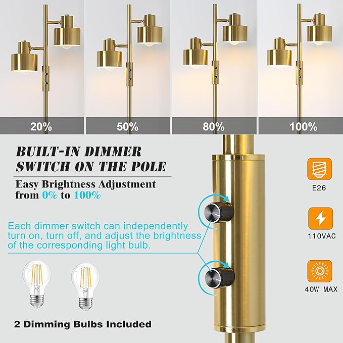 Dimming Floor Lamp with 2 Adjustable Head,Tall Modern Industrial Vintage Standing Lamps for Living Room, Bedroom, Office,Study,Gold Corner Light for Reading