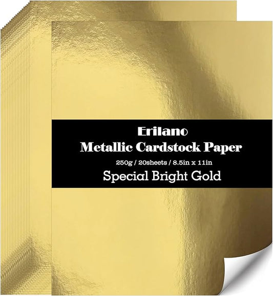 Gold Cardstock Paper 8.5x11 inch, 20 Sheets Premium 92lb/250GSM Metallic Mirror Finish for Wedding Invitations, Card Making, Certificates, Scrapbooking, Party Decorations ﻿