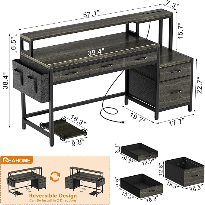REAHOME 61 Inch Gaming Desk with Charging Station and LED Lights, Reversible Computer Desk with Storage Drawer and Monitor Stand, Modern Desk Table with File Cabinet & Side Pocket, Grey Oak