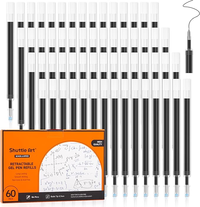 Retractable Gel Pen Refills, Shuttle Art 60 Pack Black Rollerball Gel Ink Pens Refills, Bulk Set, 0.7mm Fine Point for Writing Journaling Taking Notes School Office Home