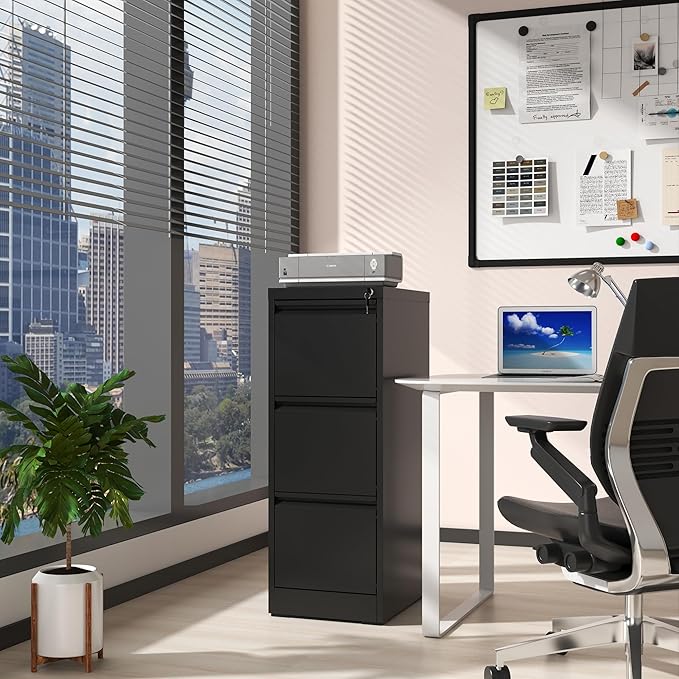 AQY 3 Drawer File Cabinet with Lock, Metal Filing Cabinets for Home Office, 18" Deep Vertical Storage Drawer for Hanging A4/Letter/Legal Size Files, Assembly Require
