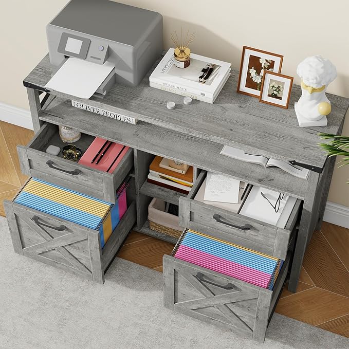 Vabches Farmhouse Filing Cabinet with Adjustable Shelf for Home Office, Lateral File Cabinets 4 Drawers with Open Storage Shelf, Filing Organization Storage Cabinets for Hanging Files Letter/A4.Grey