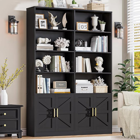 Black Bookshelves and Bookcases with 4 Doors, 6 Tier Double Book Shelf with Storage Cabinets, Gold Handle, Standing Display Open Display Shelves, 71" Tall Book Case for Living Room Library